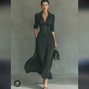 New MODESEES Women's Solid Color Pleated Lapel Waist Long Sleeve Maxi Dress XS